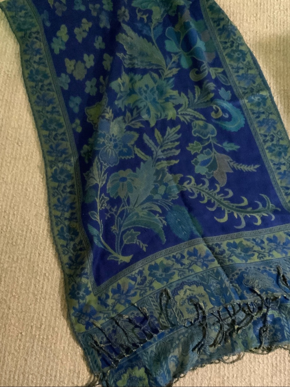 Blue Floral Border Scarf with Fringe